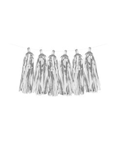 Partydeco Girlande Quasten 1.5 m, Silber, 12 Pompons