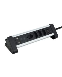 Schönenberger Tischsteckdosenleiste Alu 4× T13, 1x USB-C, 2x USB-A, 2 m