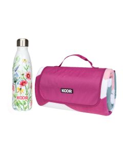 KOOR Picknickdecke 200 x 200 cm und Trinkflasche 500 ml Magenta