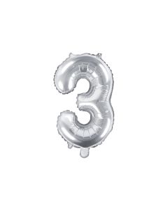 Partydeco Folienballon Zahl 3 klein 35 cm, silber, 1 Stück